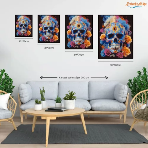 Vibráló rózsás koponya - számfestő készlet - Számfestő.hu - 40×50cm - Keret nélkül