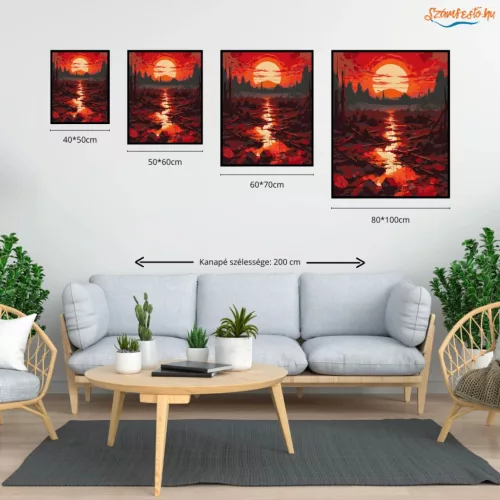 Vöröslő napkorong - számfestő készlet - Számfestő.hu - 40×50cm - Keretre feszítve
