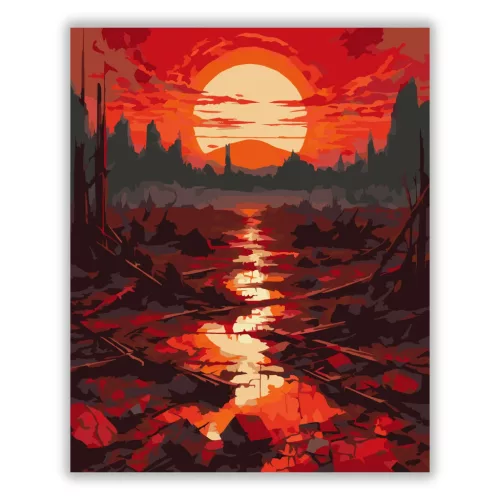 Vöröslő napkorong - számfestő készlet - Számfestő.hu - 40×50cm - Keret nélkül