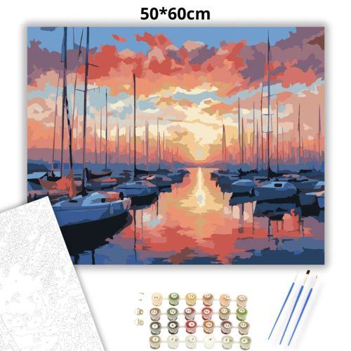 Naplementés kikötő - számfestő készlet - Számfestő.hu - 50×60cm - Keretre feszítve