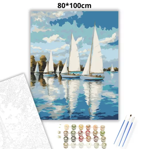 Nyári vitorlások tükörképe - számfestő készlet - Számfestő.hu - 80×100cm - Keretre feszítve