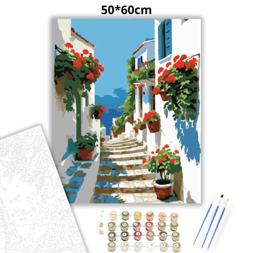 Piros muskátlik utcája - számfestő készlet - Számfestő.hu - 50×60cm - Keretre feszítve