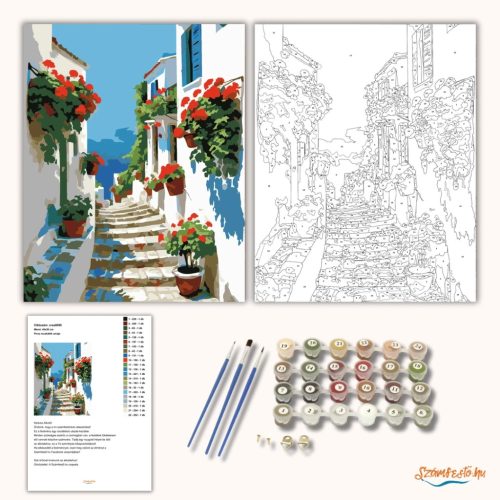 Piros muskátlik utcája - számfestő készlet - Számfestő.hu - 50×60cm - Keret nélkül