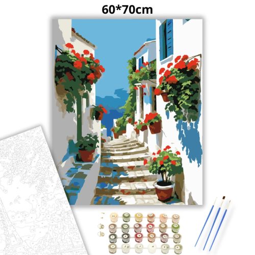 Piros muskátlik utcája - számfestő készlet - Számfestő.hu - 60×70cm - Keretre feszítve