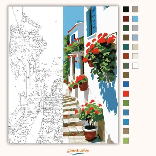Piros muskátlik utcája - számfestő készlet - Számfestő.hu - 40×50cm - Keretre feszítve