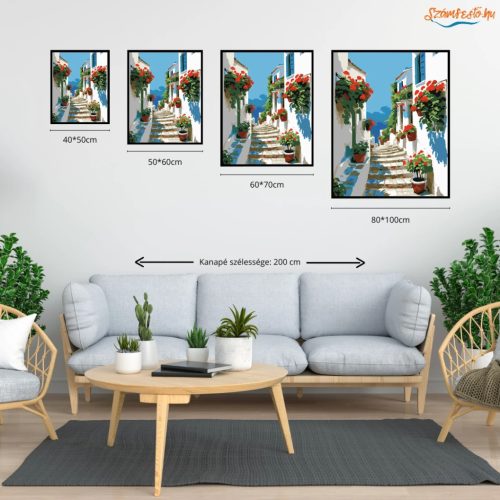 Piros muskátlik utcája - számfestő készlet - Számfestő.hu - 40×50cm - Keretre feszítve