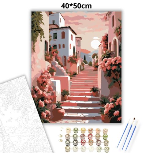 Rózsás lépcsősor nyugalma - számfestő készlet - Számfestő.hu - 40×50cm - Keretre feszítve