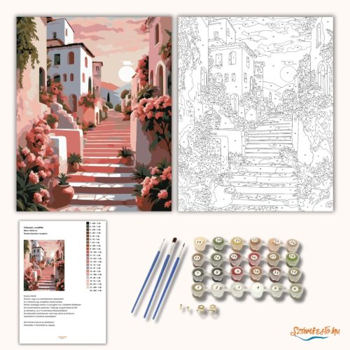 Rózsás lépcsősor nyugalma - számfestő készlet - Számfestő.hu - 40×50cm - Keretre feszítve