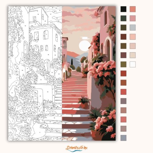 Rózsás lépcsősor nyugalma - számfestő készlet - Számfestő.hu - 40×50cm - Keretre feszítve