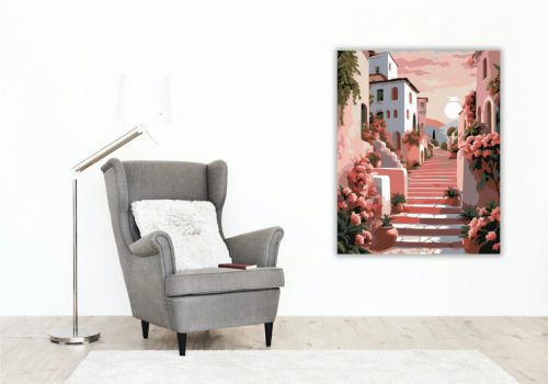 Rózsás lépcsősor nyugalma - számfestő készlet - Számfestő.hu - 40×50cm - Keretre feszítve