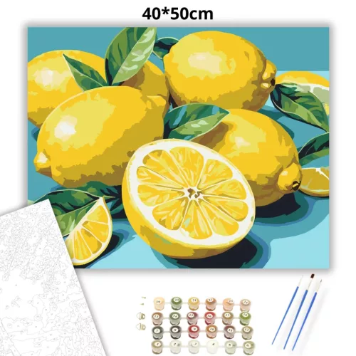 Friss citromok levelekkel - számfestő készlet - Számfestő.hu - 40×50cm - Keretre feszítve