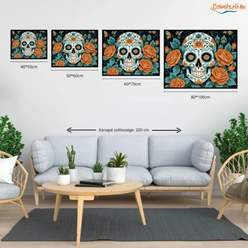 Díszes koponya rózsákkal - számfestő készlet - Számfestő.hu - 50×60cm - Keretre feszítve