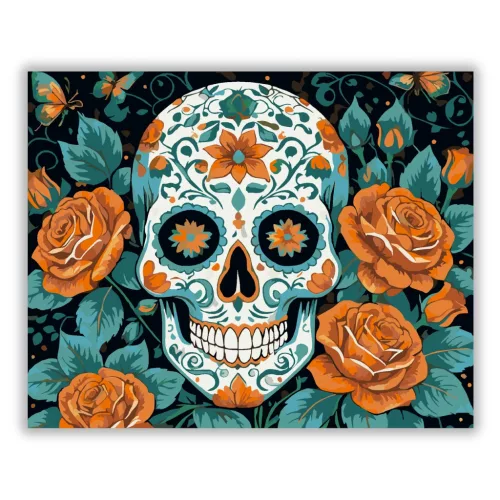 Díszes koponya rózsákkal - számfestő készlet - Számfestő.hu - 60×70cm - Keret nélkül