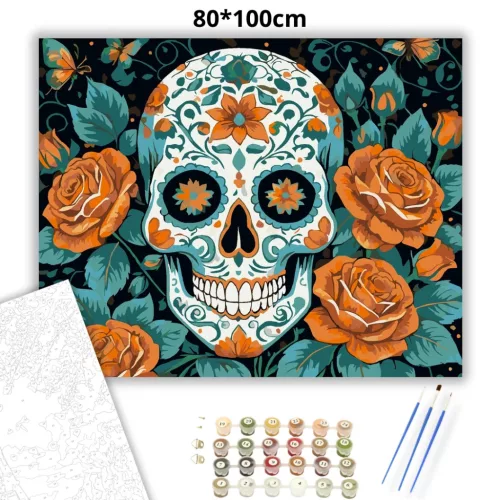 Díszes koponya rózsákkal - számfestő készlet - Számfestő.hu - 80×100cm - Keretre feszítve