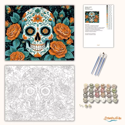 Díszes koponya rózsákkal - számfestő készlet - Számfestő.hu - 80×100cm - Keret nélkül