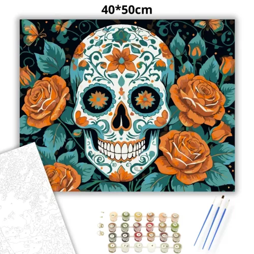Díszes koponya rózsákkal - számfestő készlet - Számfestő.hu - 40×50cm - Keretre feszítve