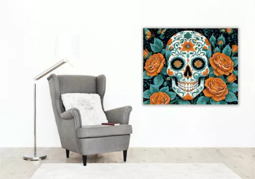 Díszes koponya rózsákkal - számfestő készlet - Számfestő.hu - 40×50cm - Keret nélkül