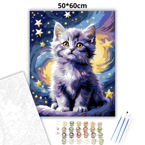Bolyhos kiscica a csillagok alatt - számfestő készlet - Számfestő.hu - 50×60cm - Keret nélkül