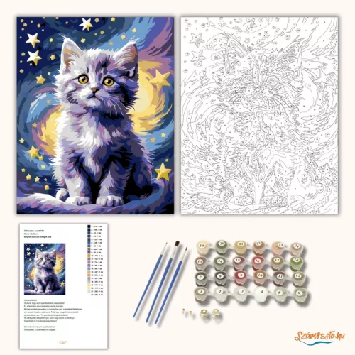 Bolyhos kiscica a csillagok alatt - számfestő készlet - Számfestő.hu - 50×60cm - Keretre feszítve