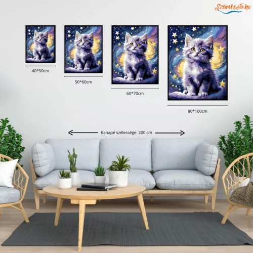 Bolyhos kiscica a csillagok alatt - számfestő készlet - Számfestő.hu - 50×60cm - Keretre feszítve