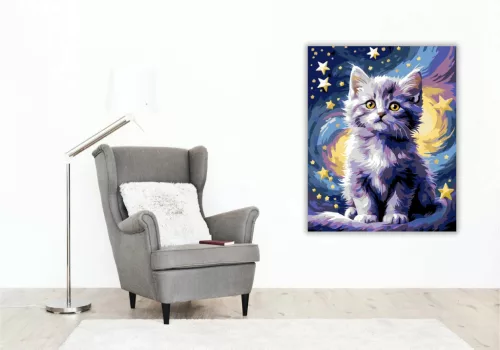 Bolyhos kiscica a csillagok alatt - számfestő készlet - Számfestő.hu - 80×100cm - Keretre feszítve