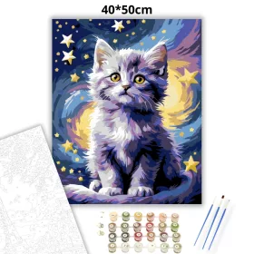 Bolyhos kiscica a csillagok alatt - számfestő készlet - Számfestő.hu - 40×50cm - Keret nélkül
