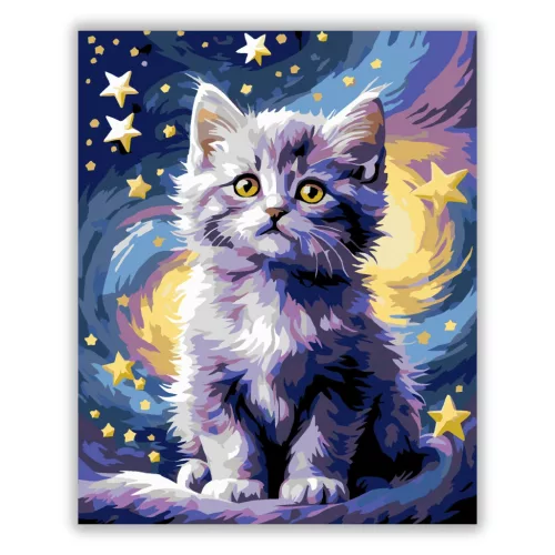Bolyhos kiscica a csillagok alatt - számfestő készlet - Számfestő.hu - 40×50cm - Keret nélkül