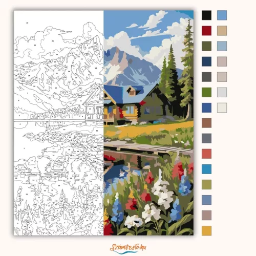 Csendes tóparti faház - számfestő készlet - Számfestő.hu - 50×60cm - Keretre feszítve