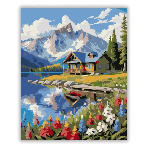 Csendes tóparti faház - számfestő készlet - Számfestő.hu - 50×60cm - Keret nélkül