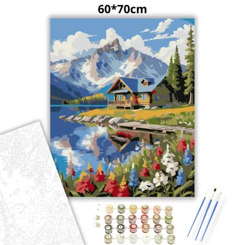 Csendes tóparti faház - számfestő készlet - Számfestő.hu - 60×70cm - Keretre feszítve