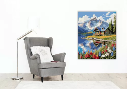 Csendes tóparti faház - számfestő készlet - Számfestő.hu - 40×50cm - Keretre feszítve