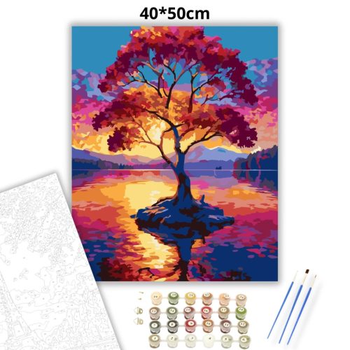 Magányos fa a tó közepén - számfestő készlet - Számfestő.hu - 40×50cm - Keretre feszítve