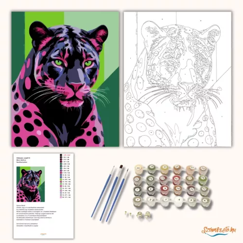 Neonfényű párduc - számfestő készlet - Számfestő.hu - 50×60cm - Keretre feszítve