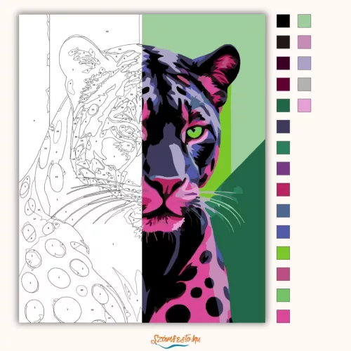 Neonfényű párduc - számfestő készlet - Számfestő.hu - 50×60cm - Keretre feszítve