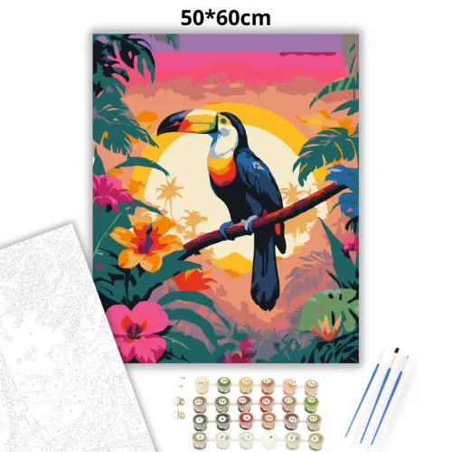 Trópusi tukán pálmák között - számfestő készlet - Számfestő.hu - 50×60cm - Keretre feszítve