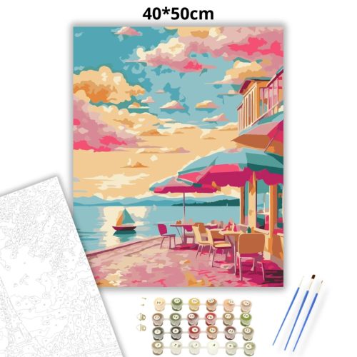 Pasztel tengerparti terasz - számfestő készlet - Számfestő.hu - 40×50cm - Keret nélkül