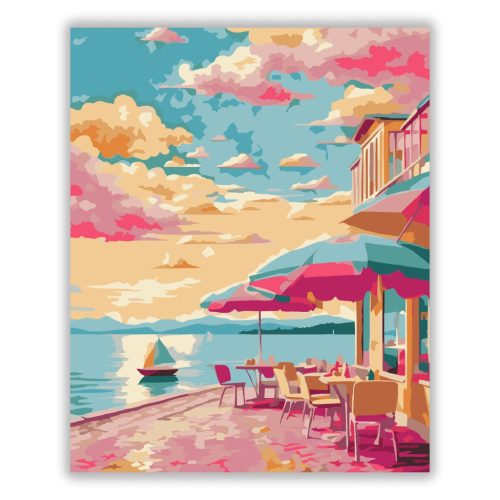 Pasztel tengerparti terasz - számfestő készlet - Számfestő.hu - 40×50cm - Keretre feszítve