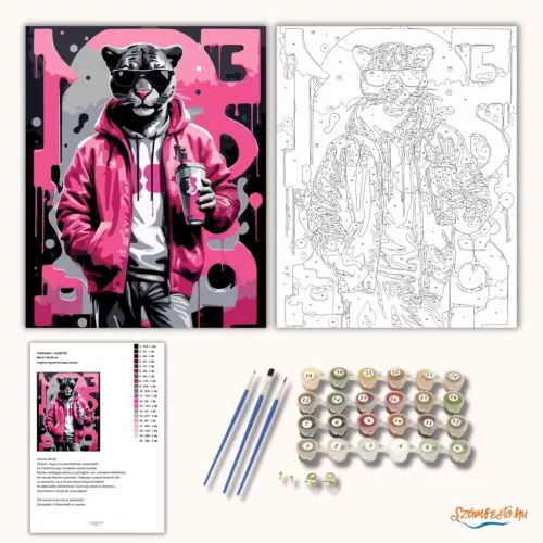 Vagány napszemüveges párduc - számfestő készlet - Számfestő.hu - 50×60cm - Keretre feszítve