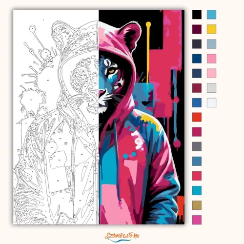 Vagány kapucnis párduc - számfestő készlet - Számfestő.hu - 60×70cm - Keretre feszítve