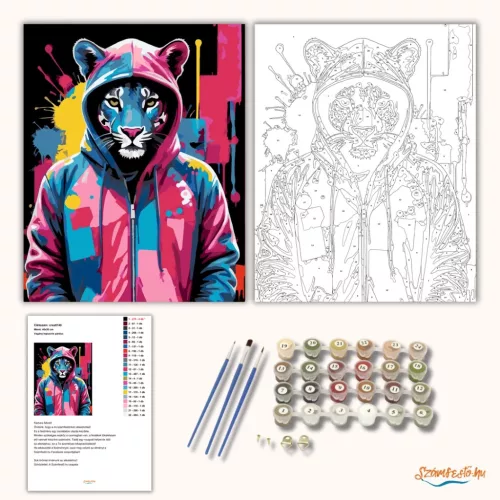 Vagány kapucnis párduc - számfestő készlet - Számfestő.hu - 80×100cm - Keretre feszítve