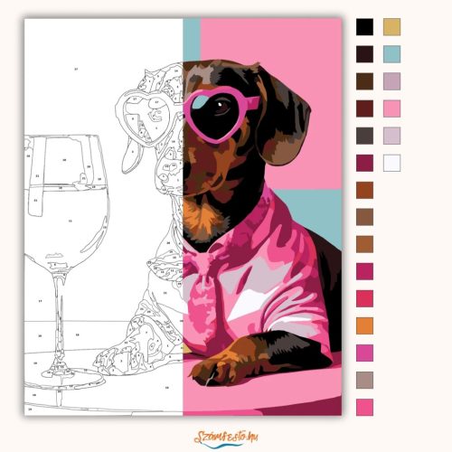 Vagány szemüveges tacskó - számfestő készlet - Számfestő.hu - 40×50cm - Keretre feszítve