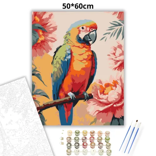Trópusi papagáj - számfestő készlet - Számfestő.hu - 50×60cm - Keretre feszítve