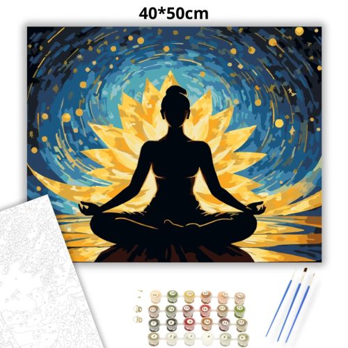Aranyló lótusz meditáció - számfestő készlet - Számfestő.hu - 40×50cm - Keretre feszítve