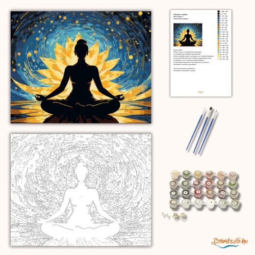 Aranyló lótusz meditáció - számfestő készlet - Számfestő.hu - 40×50cm - Keretre feszítve
