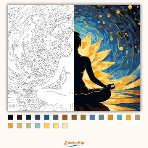 Aranyló lótusz meditáció - számfestő készlet - Számfestő.hu - 40×50cm - Keretre feszítve