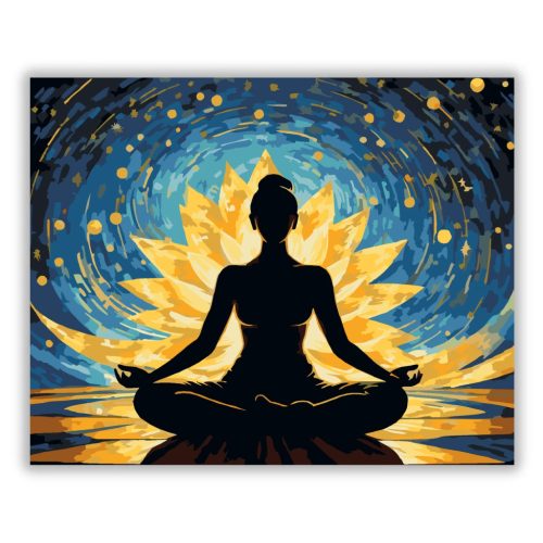 Aranyló lótusz meditáció - számfestő készlet - Számfestő.hu - 40×50cm - Keretre feszítve