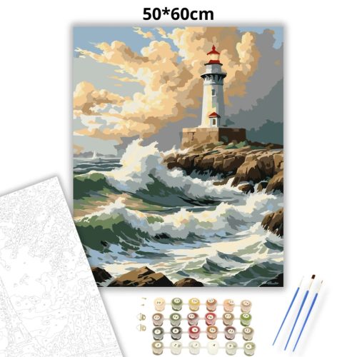 Dühöngő hullámok a világítótoronynál - számfestő készlet - Számfestő.hu - 50×60cm - Keret nélkül