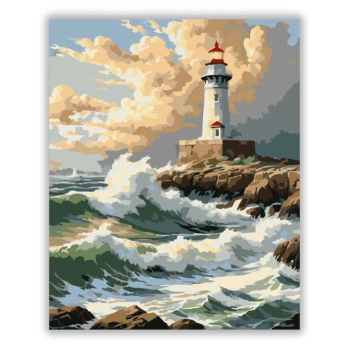 Dühöngő hullámok a világítótoronynál - számfestő készlet - Számfestő.hu - 50×60cm - Keret nélkül