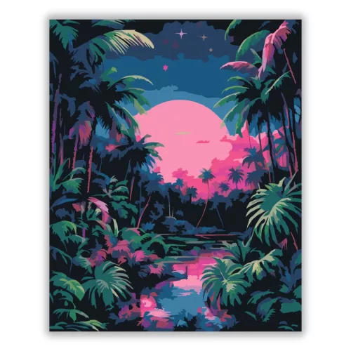 Rózsaszín hold a pálmák közt - számfestő készlet - Számfestő.hu - 60×70cm - Keretre feszítve