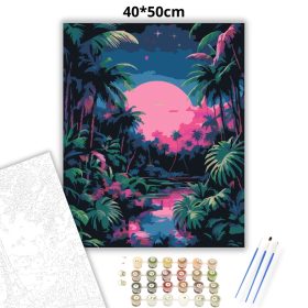 Rózsaszín hold a pálmák közt - számfestő készlet - Számfestő.hu - 40×50cm - Keret nélkül